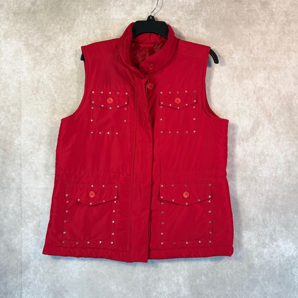 Unbranded Utility Vest Womens S Red Solid Rhinestone Studded Zip Front Pockets